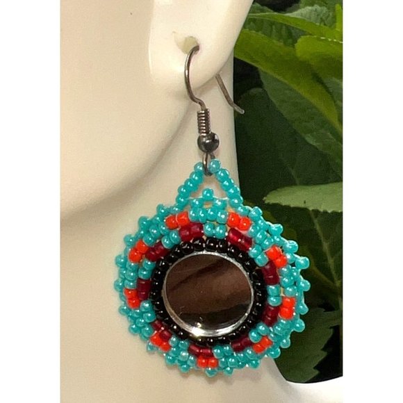 Unsigned Jewelry - Southwestern Mirror & Bead Earrings